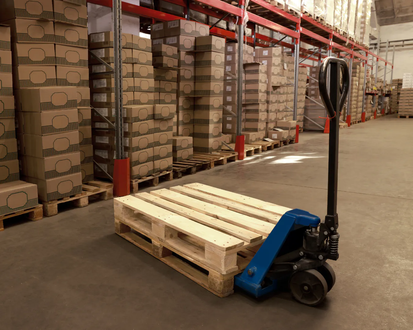 A pallet truck with a pallet in the warehouse hall, carton racking behind