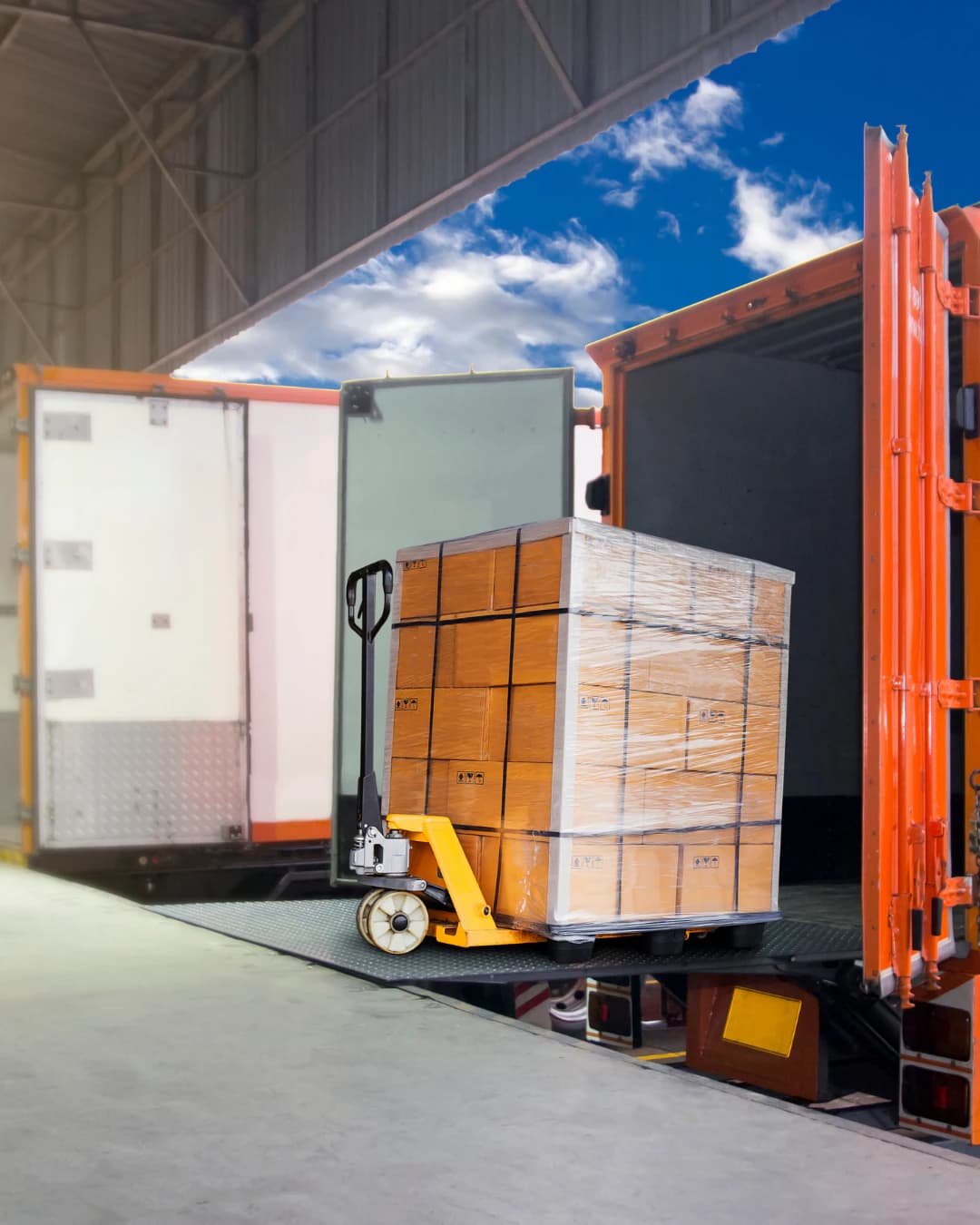 A film-wrapped pallet of shipments being loaded into a semi-trailer at the dock