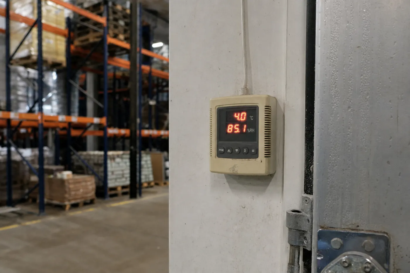 Panel kontroli temperatury i wilgotności przy drzwiach komory chłodniczej