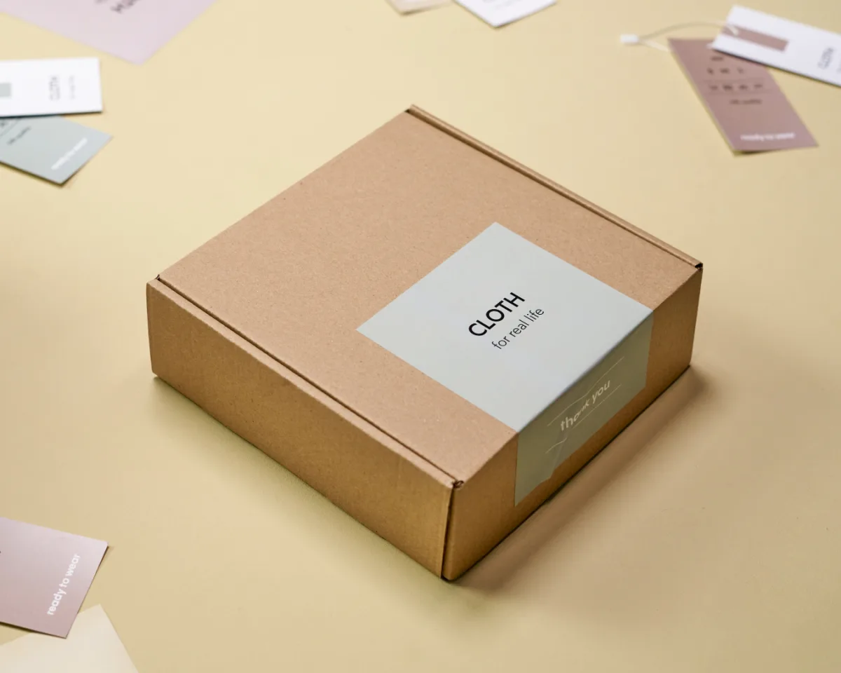A carton with a brand label among swatches and inserts prepared for a personalized parcel