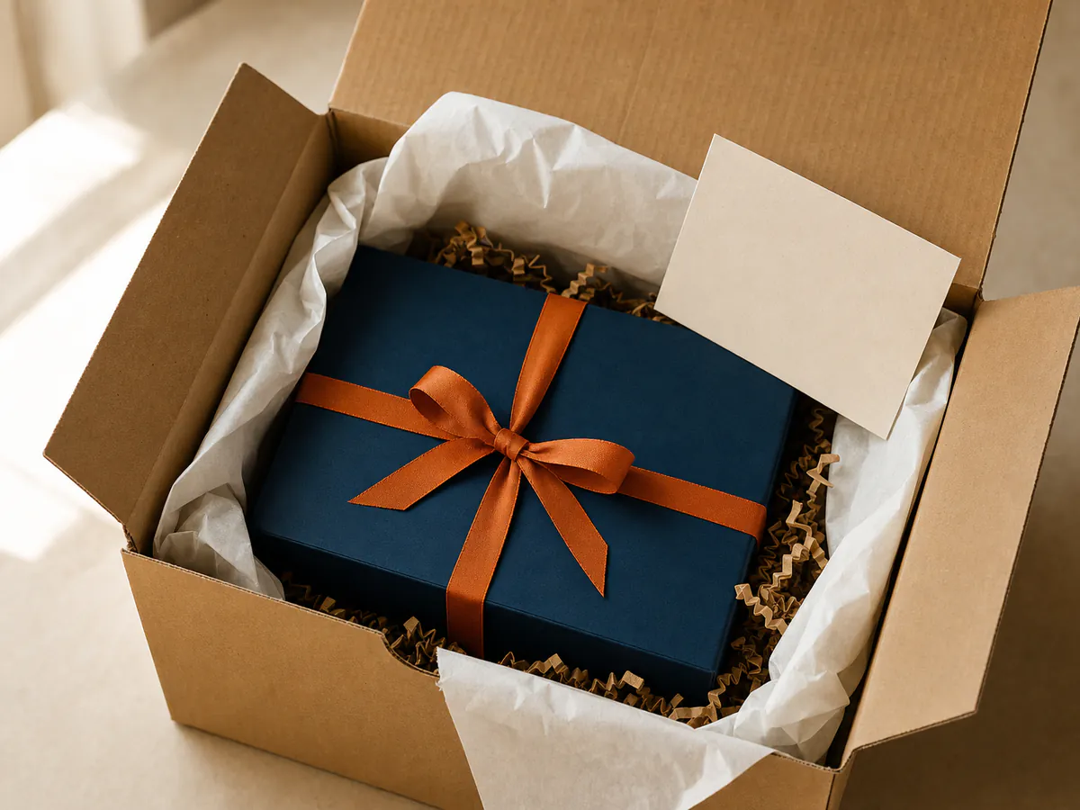 An opened shipping carton with tissue paper, an orange ribbon, filler and a navy product box inside