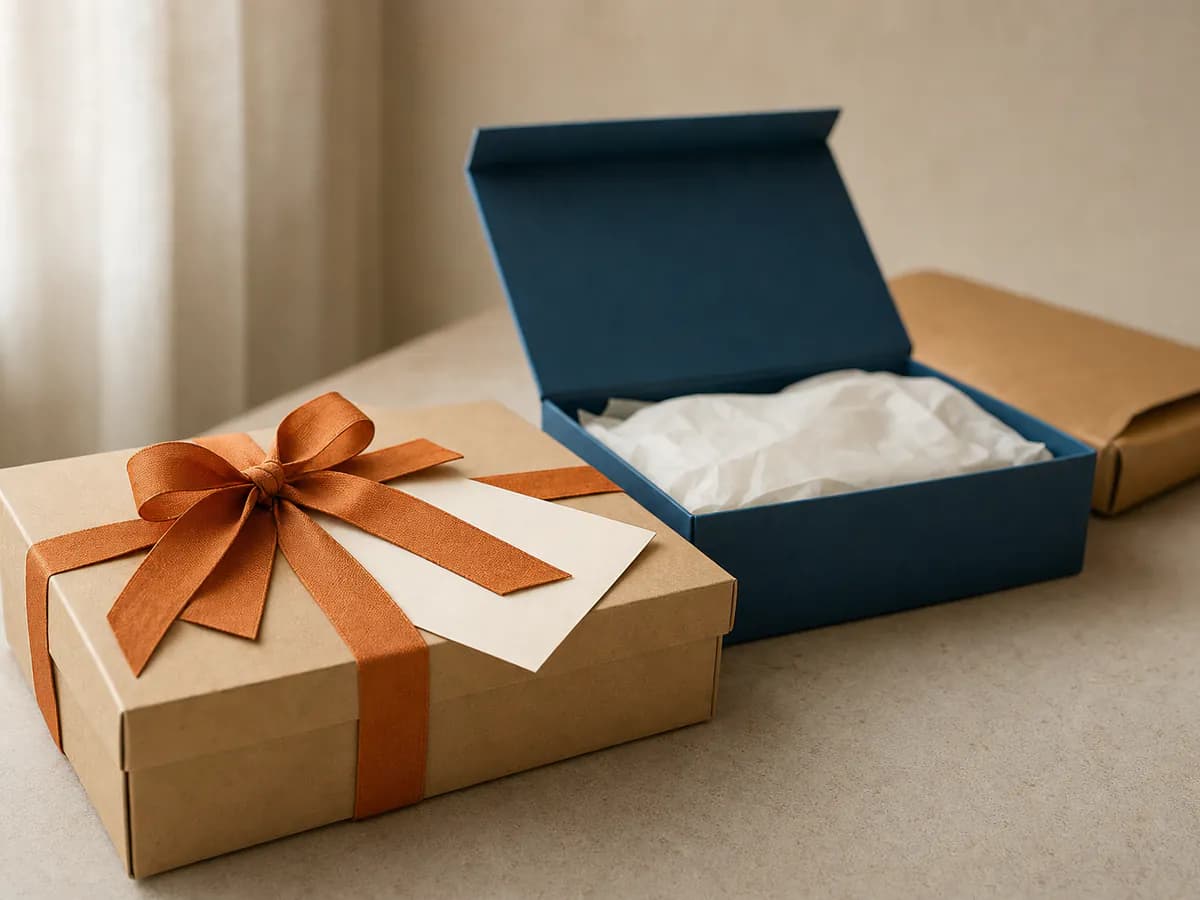 Two prepared parcels: a kraft box with an orange bow and a card, and an open navy box lined with tissue paper