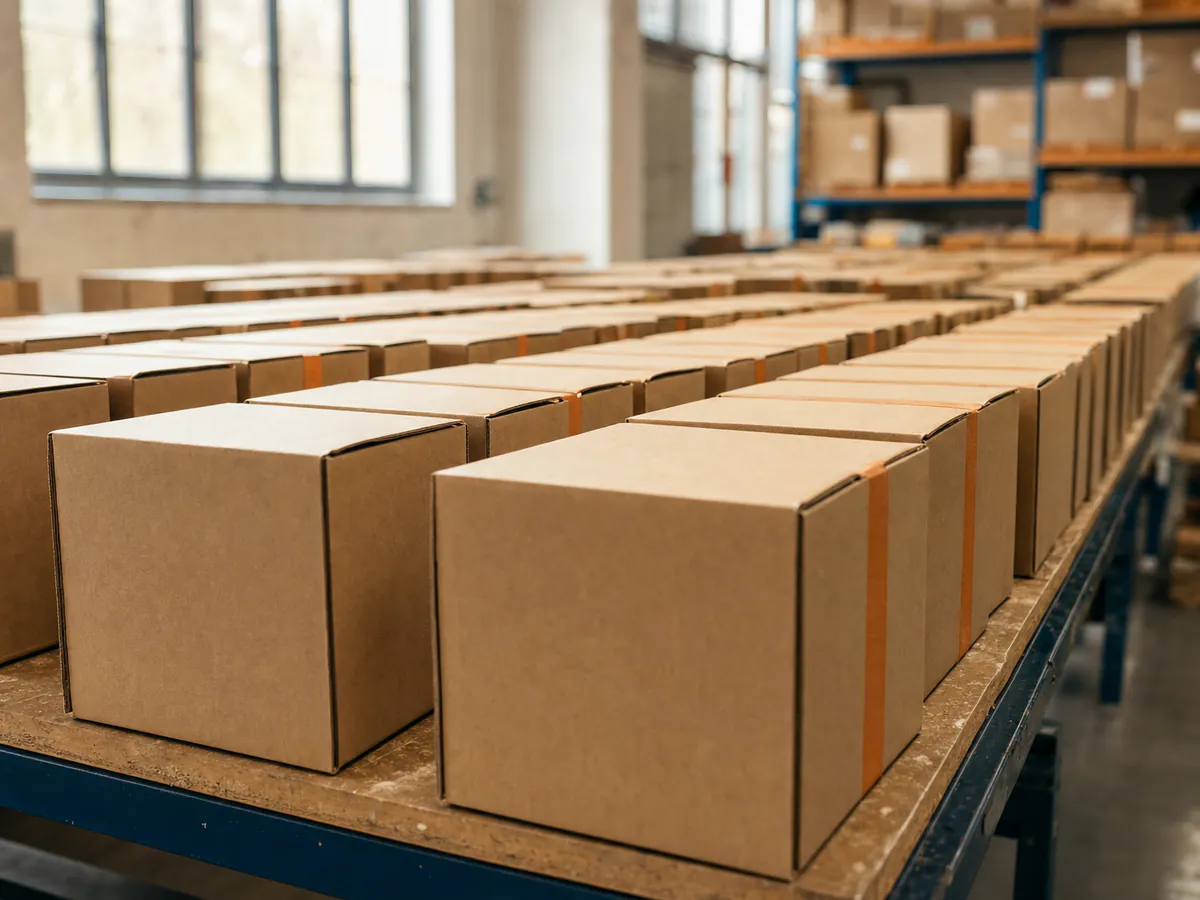 Dozens of identical cartons in neat rows on a bench, sealed with orange tape, ready for a single dispatch