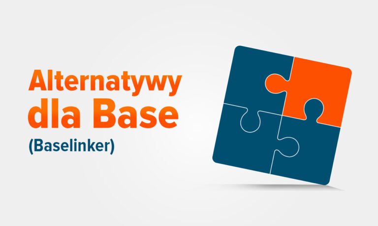 Alternatywy dla Base (BaseLinker) przedstawione na grafice z elementami układanki symbolizującymi integrację systemów e-commerce.