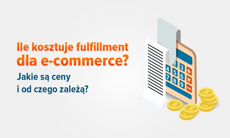 Grafika przedstawiająca kalkulator, paragon oraz monety ilustrujące koszty fulfillmentu dla e-commerce i czynniki wpływające na cenę usług logistycznych.