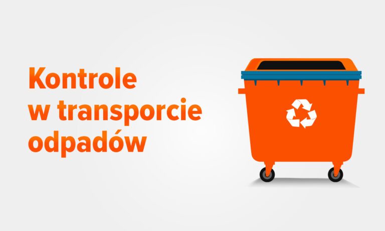 Grafika przedstawiająca pojemnik na odpady z symbolem recyklingu, ilustrująca temat kontroli w transporcie odpadów i zgodności z przepisami.