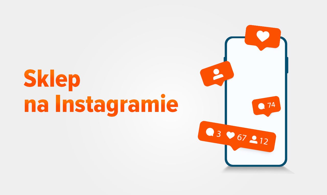 Grafika przedstawiająca sklep na Instagramie z ikonami interakcji symbolizującymi sprzedaż i zaangażowanie użytkowników.