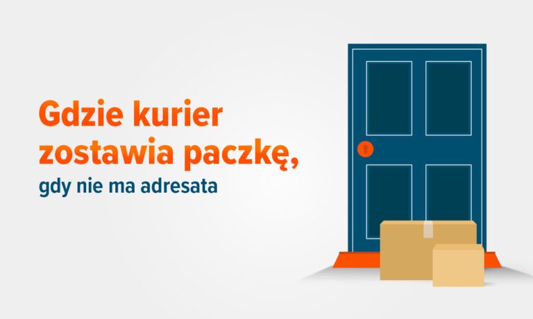 Grafika przedstawiająca drzwi wejściowe oraz pozostawione przed nimi paczki, ilustrująca temat miejsca pozostawienia przesyłki przez kuriera podczas nieobecności adresata.