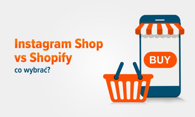 Grafika przedstawiająca porównanie Instagram Shop i Shopify z ikoną sklepu na smartfonie oraz koszykiem zakupowym.